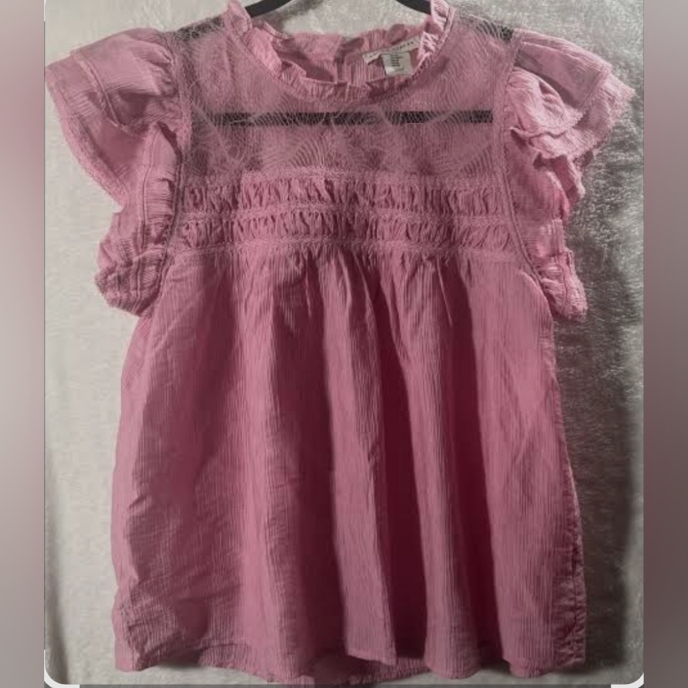 Pink Sleeveless Blouse with Ruffled Smocked Bib Collar